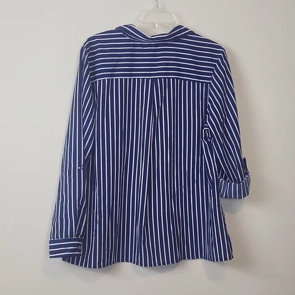 CORAL BAY Blue White Stripe Roll-Tab Pocket Blouse - Picture 8 of 12